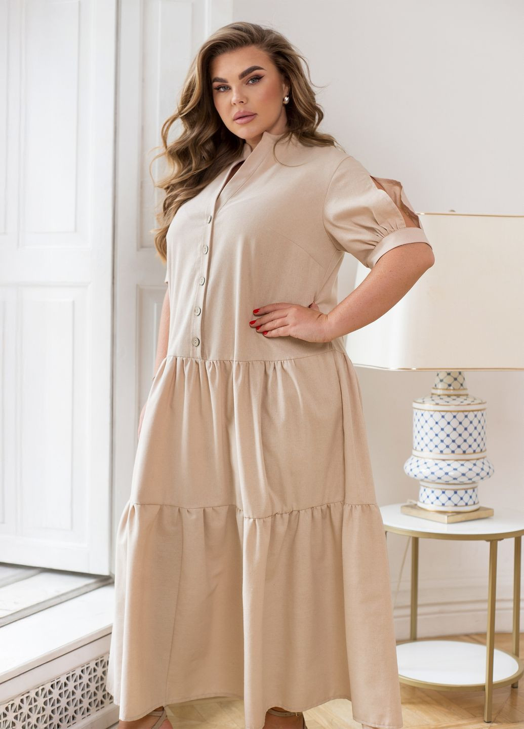 Світло-бежева повсякденний, кежуал сукня літня максі з льону з короткими рукавами та воланом а-силует кльош, а-силует, оверсайз, сукня-сорочка No Brand однотонна