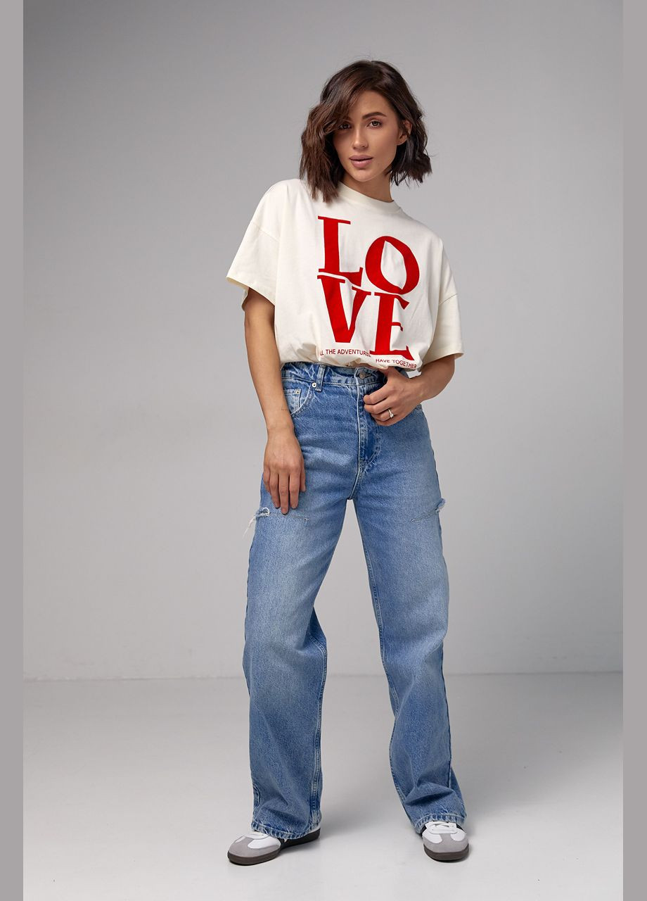 Кремовая летняя женская хлопковая футболка с надписью love Lurex