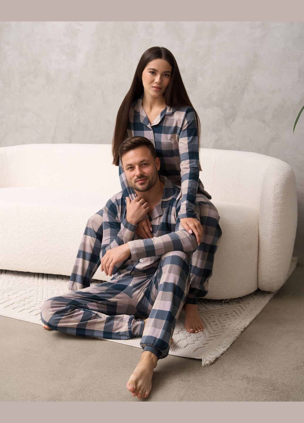 Чоловіча піжама в клітинку сорочка штани Family look для пари комплект зі штанами Tom John (311221283)