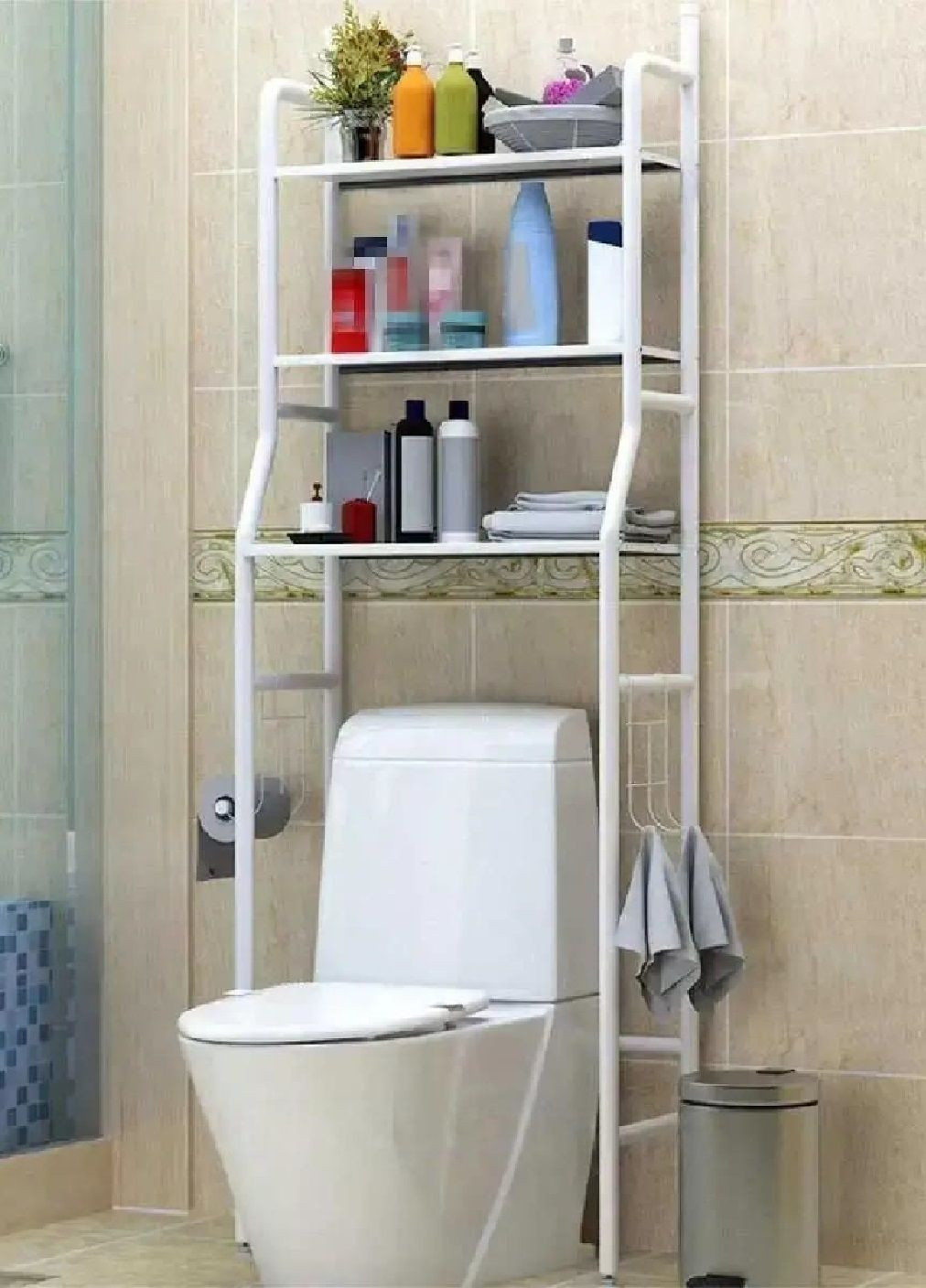 Стелаж стійка з полицями триярусна підлогова у ванну для пральної машинки туалету пластик метал (476719-Prob) Біла Unbranded (289458324)
