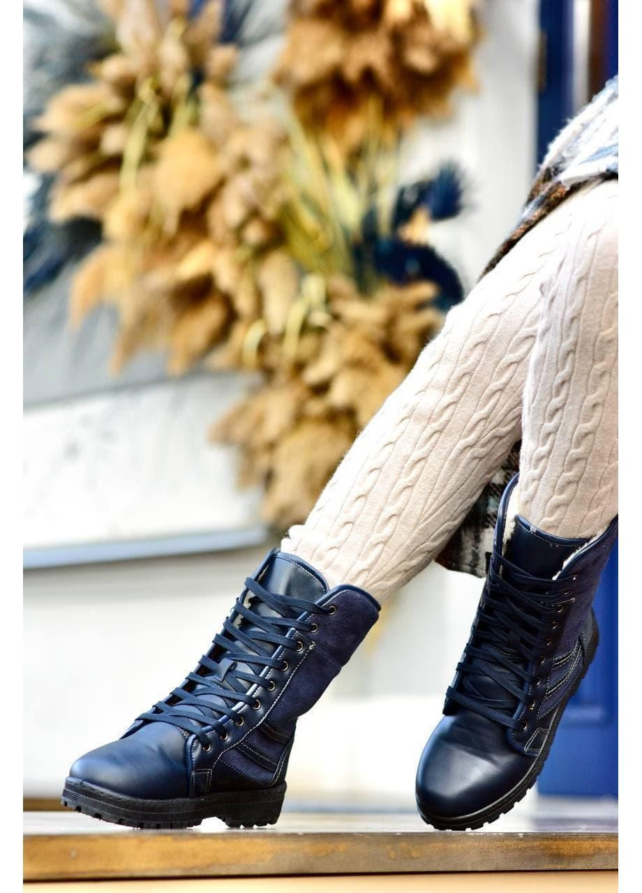 Зимние ботинки женские зимние синие на шнуровке челси No Brand с аппликацией, без декора из искусственной замши, из искусственной кожи