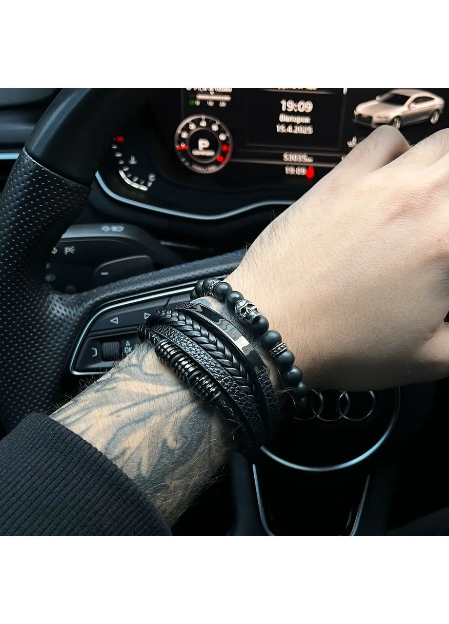 Кожаный мужской браслет на руку BLECK METAL многослойный 18-21 см черный No Brand (391301532)