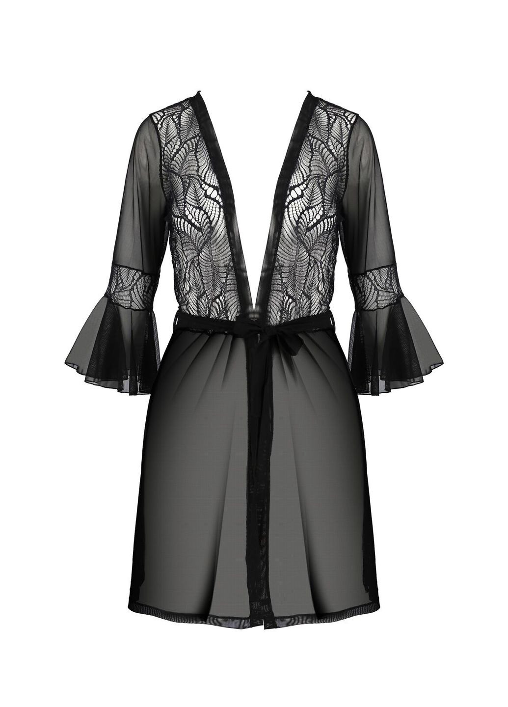 Пеньюар LEAFA PEIGNOIR black, длина чуть выше колена, широкие рукава, завязывается на пояс - CherryLove Passion (339867990)