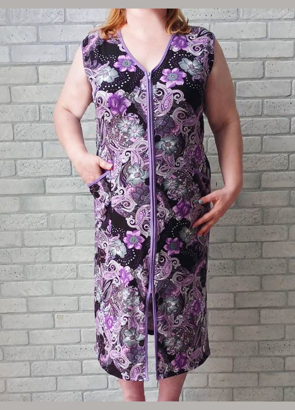 Трикотажний жіночий халат на блискавці без рукава з кишенями No Brand (337353525)