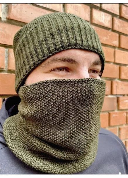 Чоловічий зимовий комплект шапка-хомут хакі, в’язаний набір 56–60 см з акрилу на подвійній флісовій підкладці No Brand (363052223)