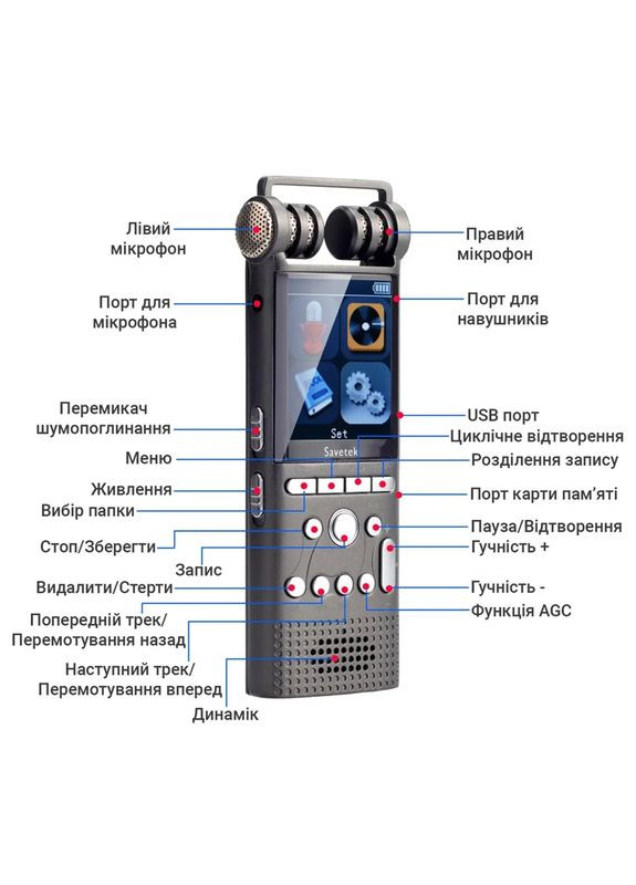 Професійний диктофон цифровий з лінійним входом GS-R06, 32 Гб пам'яті, стерео, SD до 64 Гб (100894) Savetek (321960329)