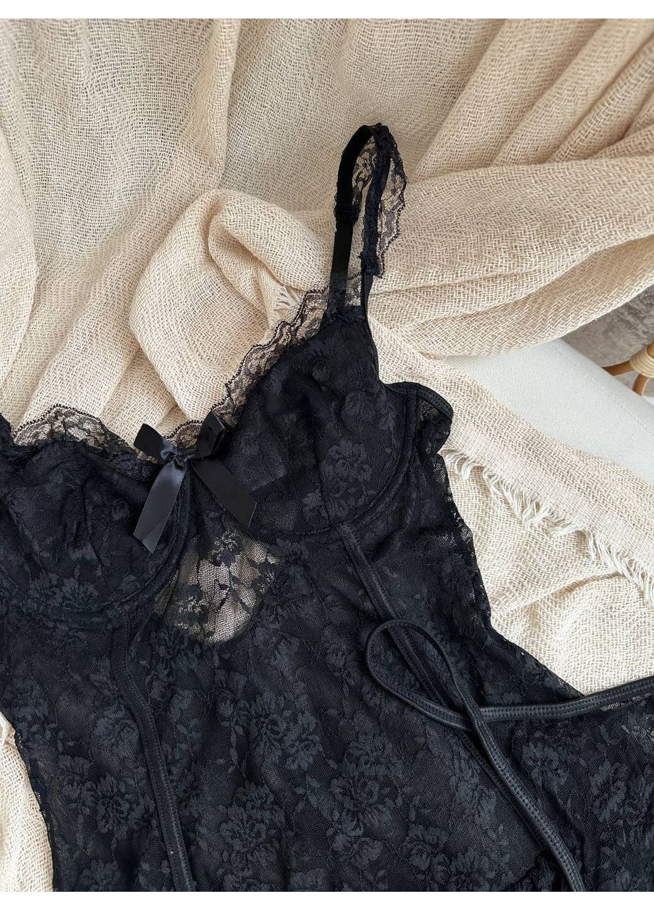 Чорний балконет комплект жіночої білизни | ніжний з сіточкою, чорний Vital-Textile з кісточками поліестер, еластан