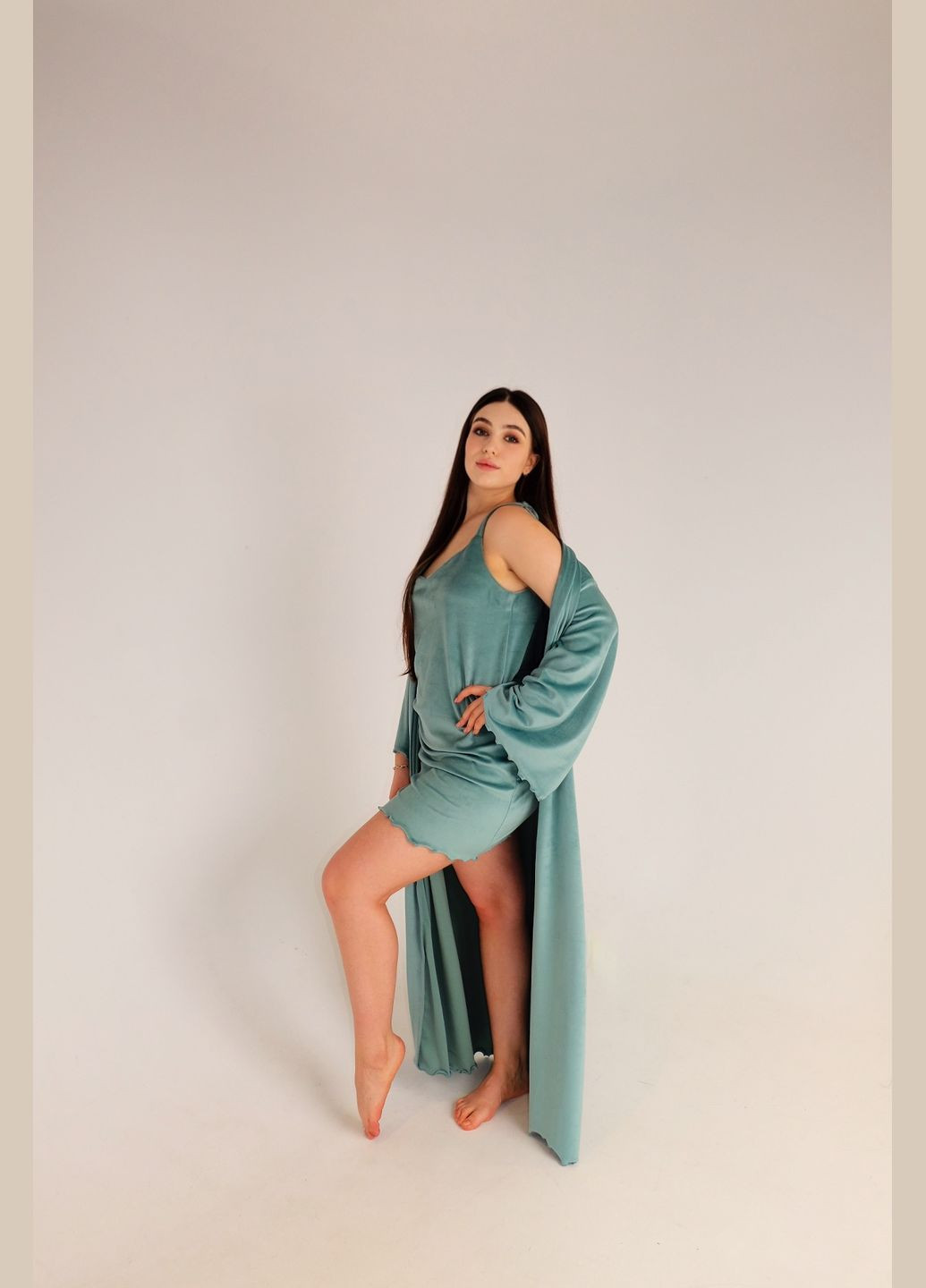 Жіночий Комплект халат+нічна сорочка з велюру (мінтол) No Brand 0044 (324026886)