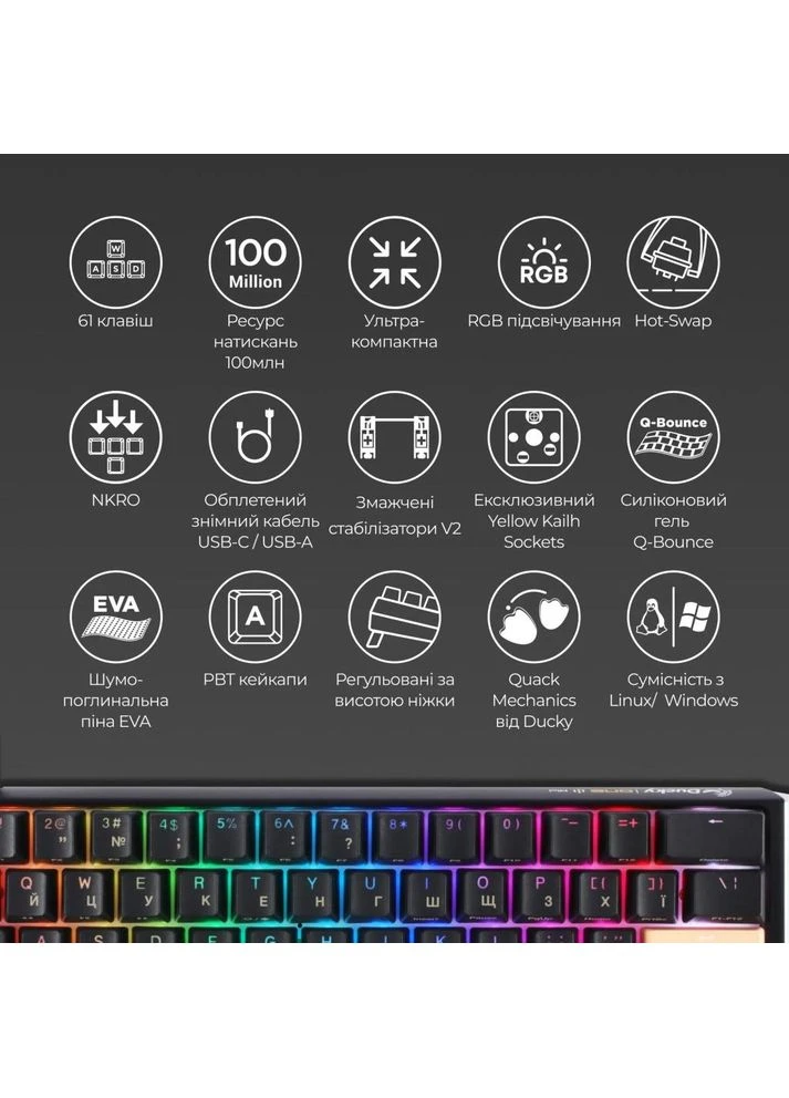 Клавіатура One 3 Mini Cherry MX Red RGB UA USB Black (DKON2161ST-RUAPXCLAWSC1) Ducky (390931991)