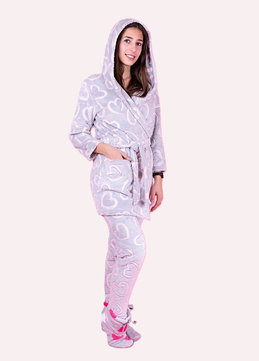 Сіра всесезон жіночий домашній комплект з капюшоном сердечки (халат+штани) Україна домашний костюм