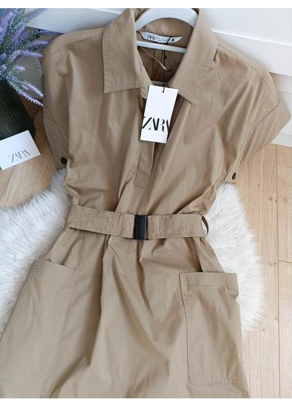 Бежевое короткое платье-рубашка с ремнём Zara
