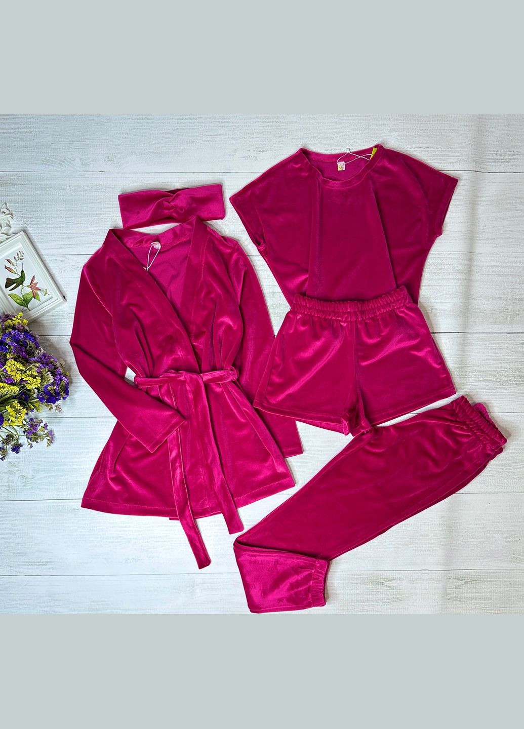 Рожева всесезон піжама дитяча велюрова на дівчинку 5 в 1 No Brand