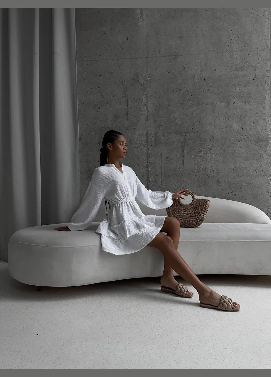 Білий повсякденний жіноче муслінове плаття з рюшами кльош Україна однотонна