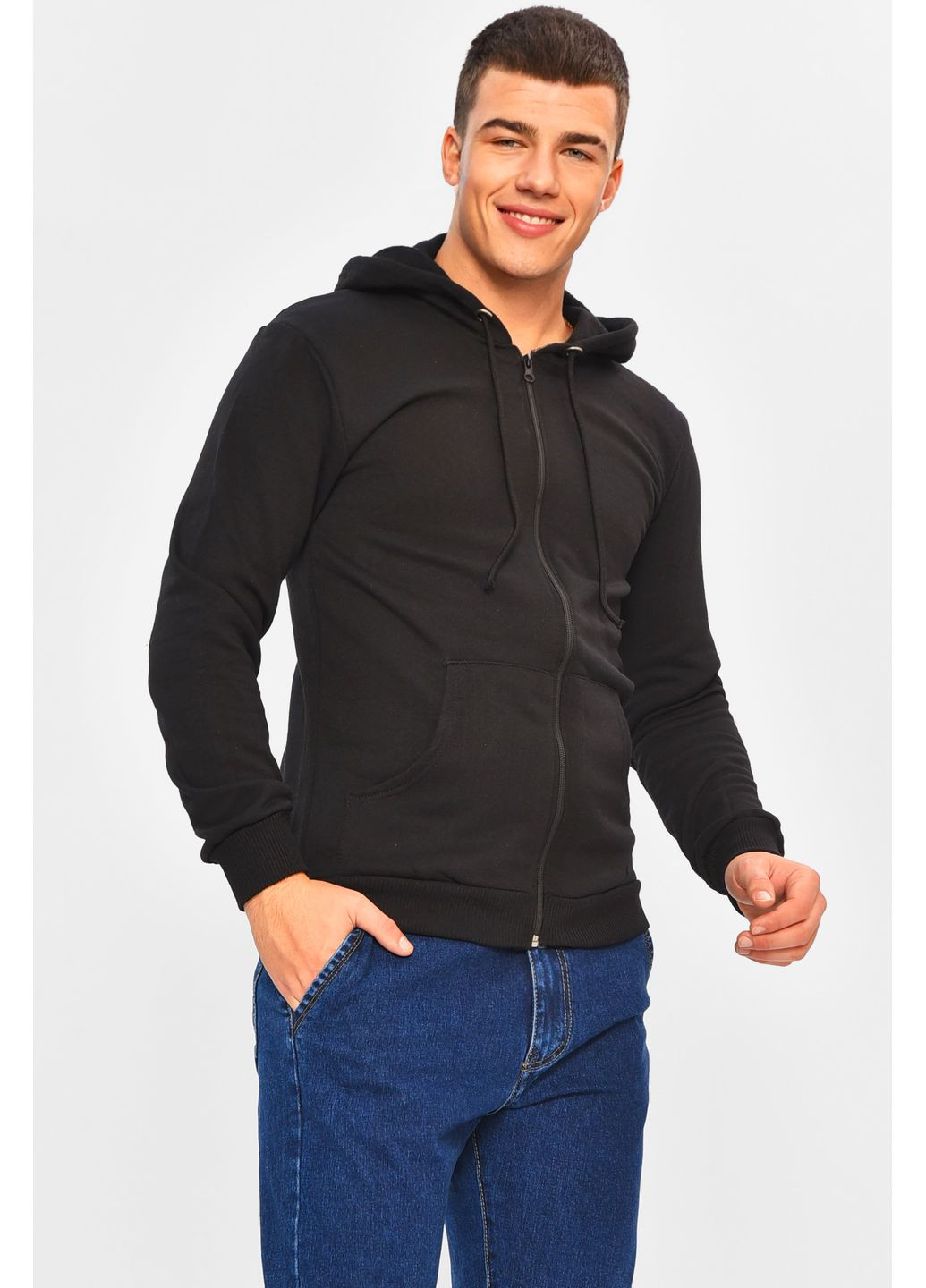 Черный кофта мужская однотонная на флисе черного цвета Let's Shop однотонный без декора (365589443)