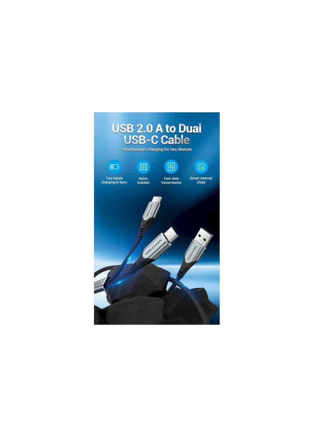 Дата кабель (ek19579) Vention USB 2.0 AM to 2хUSB-C M 1.0m 2.4А 480Mbps Aluminum (391781883)