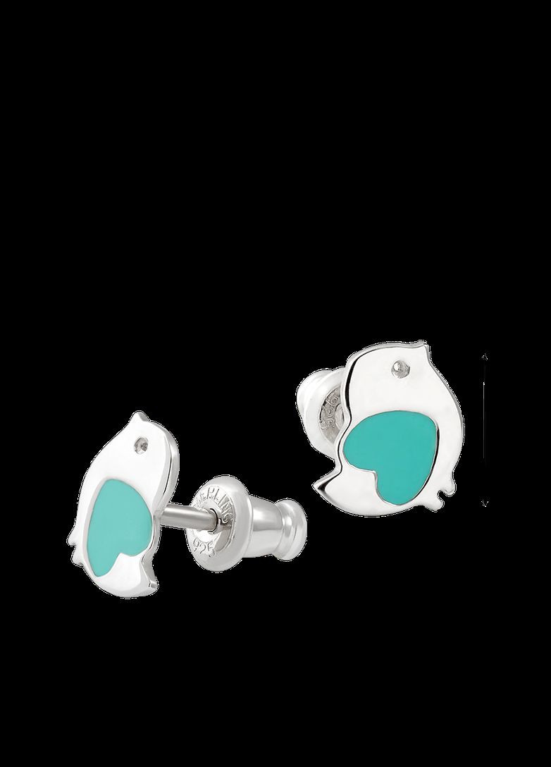 Серебряные детские серьги Птички с сердечком из цветной эмали No Brand (333705410)