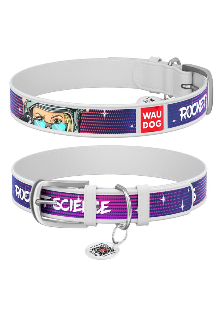 Ошейник для собак кожаный Design с QR паспортом, рисунок "Космос. Ракетостроение", XS, Ш 12 мм, Дл 19-25 см WAUDOG (279564495)