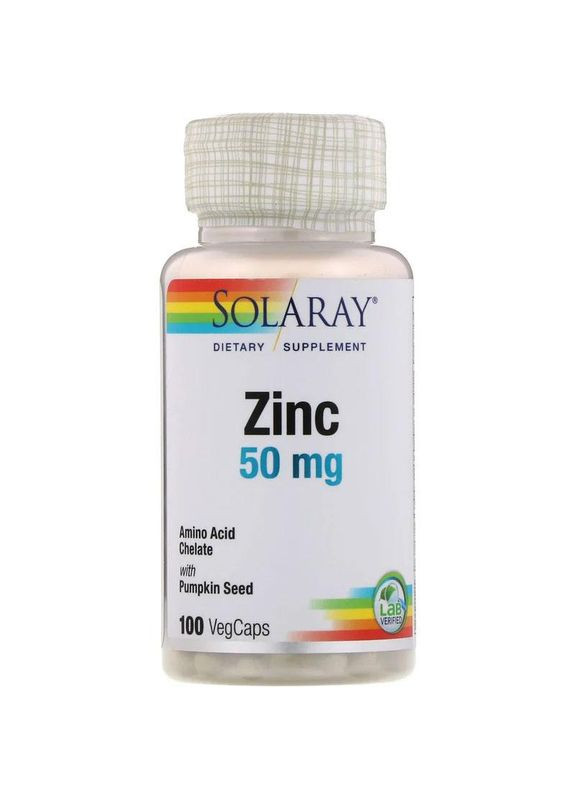 Хелатный цинк 50 мг Zinc with pumpkin seed с тыквенными семечками 100 вегетарианских капсул Solaray (270097105)