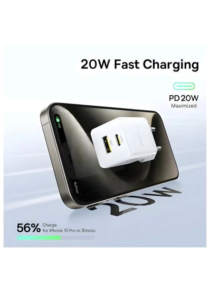 Зарядное устройство 1xUSB-C 20W + 1xUSB white + cable USB-C to USB-C 60W 1.0m (P10111608213-01) Baseus 1xUSB-C 20W + 1xUSB white + cable USB-C to USB-C 6 (369882664)