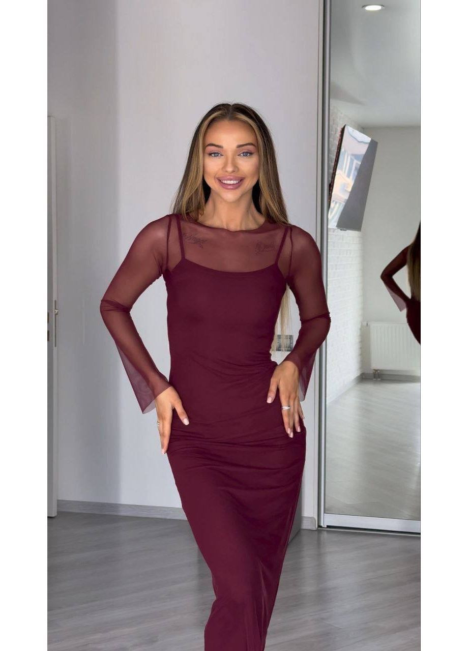 Бордовое праздничный, повседневный, коктейльное, вечернее платье стрейч подчеркивает силуэт с сеткой Nositi