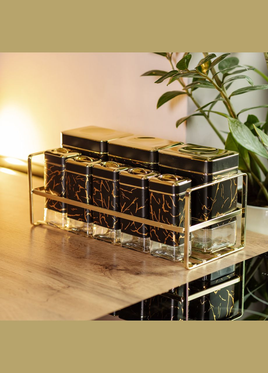 Набір для приправ та спецій на підставці 8 штук з кришками Чорний HP-1364 Yiwu (322654101)