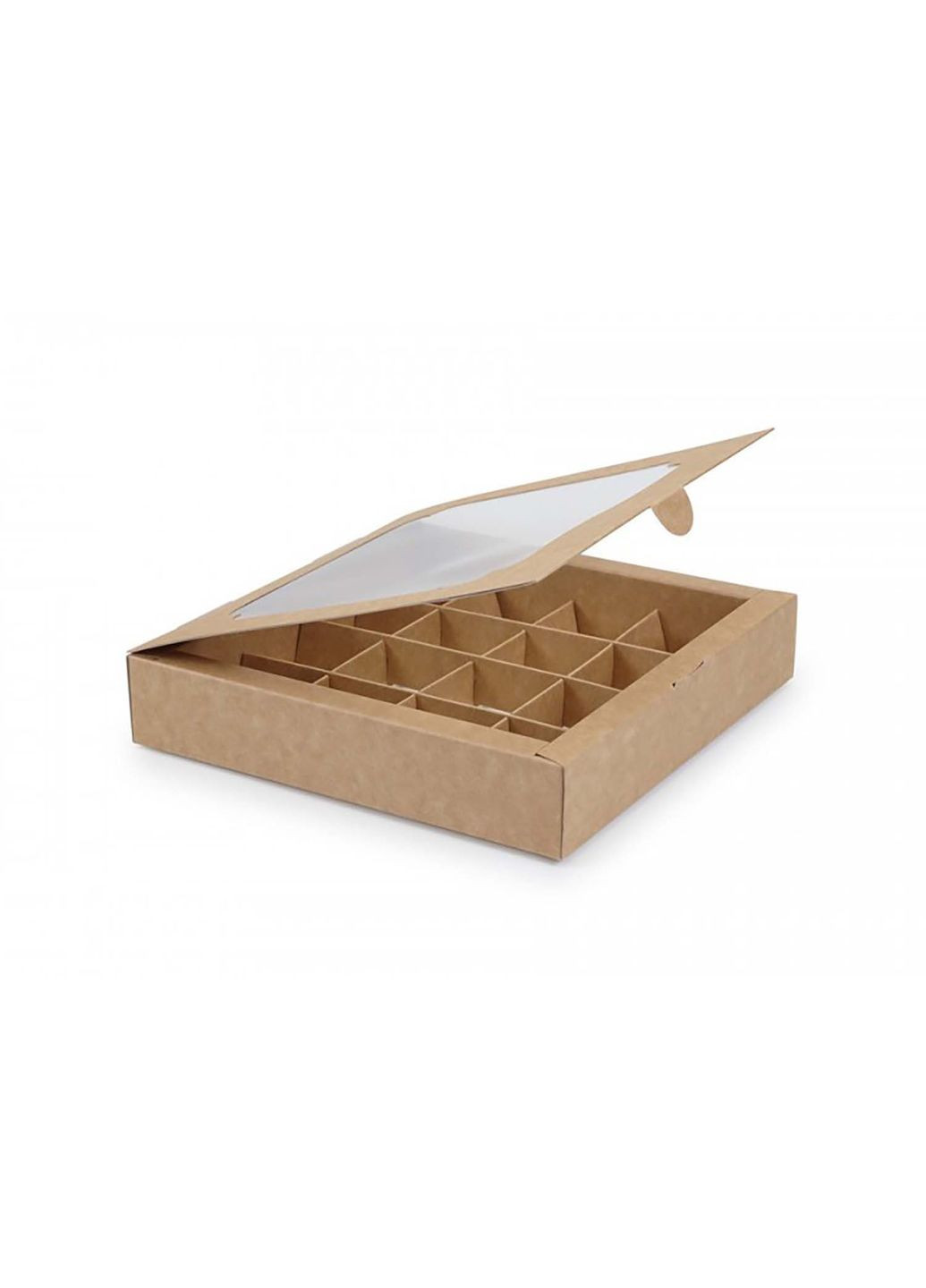 Коробка для 16 конфет орешков сладостей зефира, макаронс тарталеток 185×185×35 мм, крафт, с прозрачным окошком Vals (360801491)