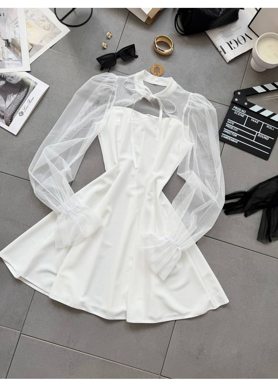 Молочна коктейльна сукня з креп-дайвінгу та сітки • вишукана й ніжна • заміри в описі DK/DL Мода без кордонів однотонна