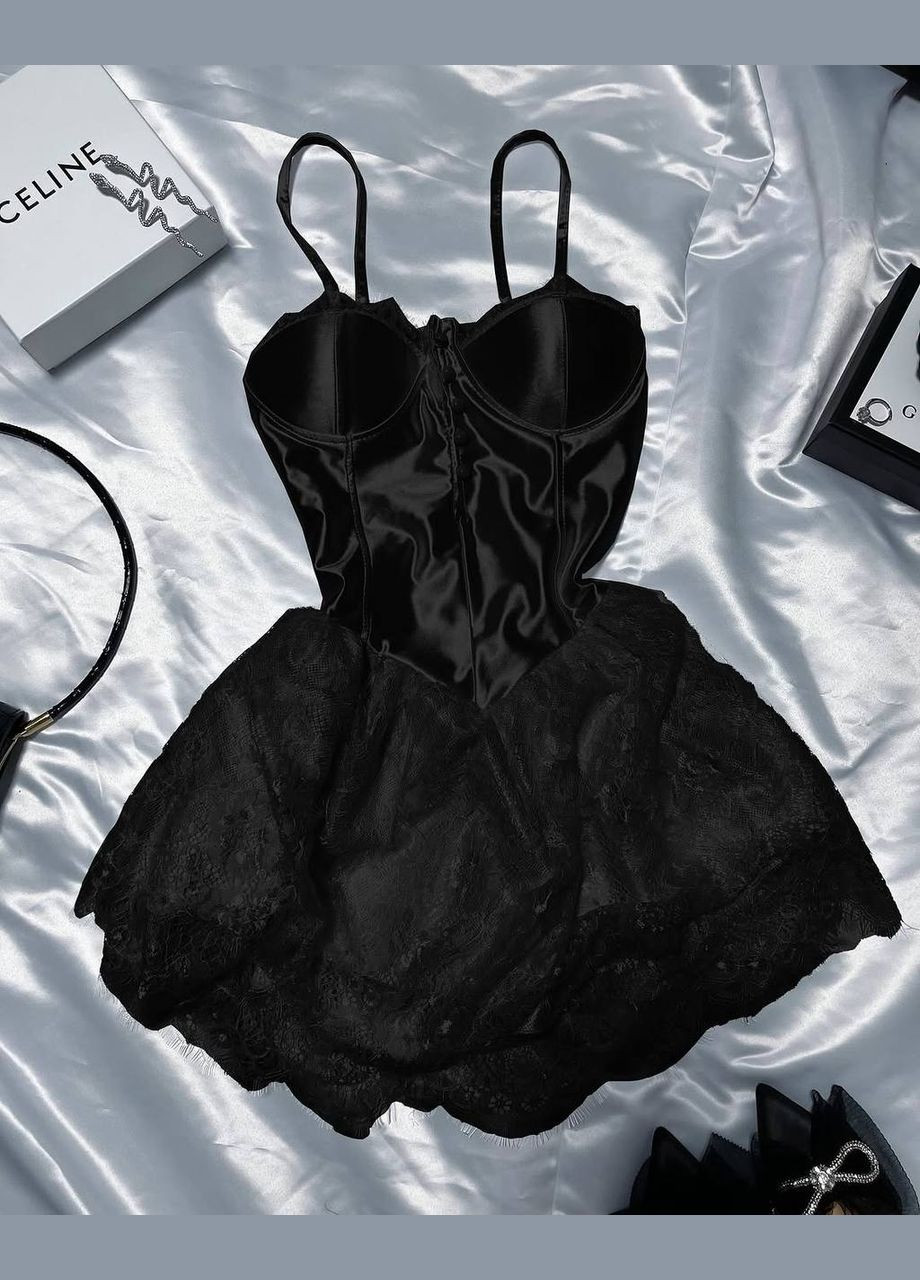 Комбинезон с кружевом No Brand комбинезон-шорты однотонный чёрный праздничный, вечерний кружево, атлас