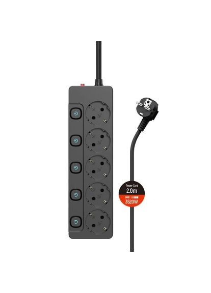 Фильтр сетевой, 5 розеток, 2 м, Black, 16А, до 3.5 кВт, индивидуальный выключатель, заземление, 3x1.5 мм² (CW-PSEA52SBK) Colorway (371632994)