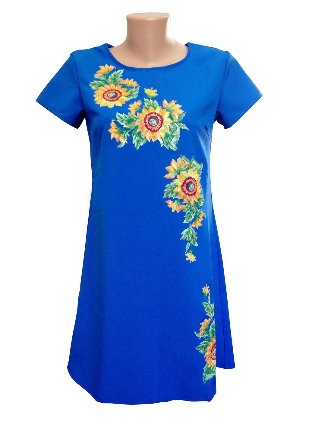 Синяя женское вышитое платье подсолнухи синее НоКо узор цветочный свободная (306741129)