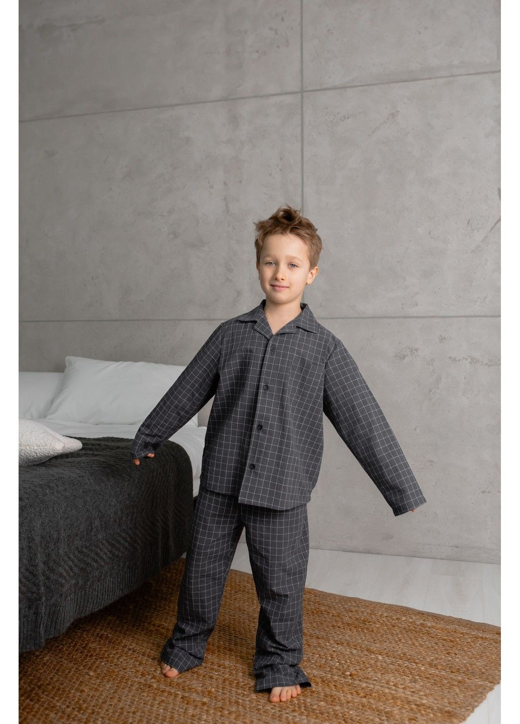 Сіра всесезон піжама дитяча в клітинку варена бавовна homely графіт сорочка + брюки Handy Wear