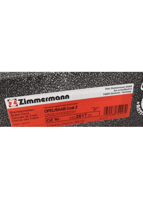 Диск гальмівний ЗАДН OPEL INSIGNIA 1.4-2.8V6 09-;SAAB 9-5 II 1.6T;2.0T;2.0TID;2.0TTID 09- 430.2617.20 ZIMMERMANN (366173141)