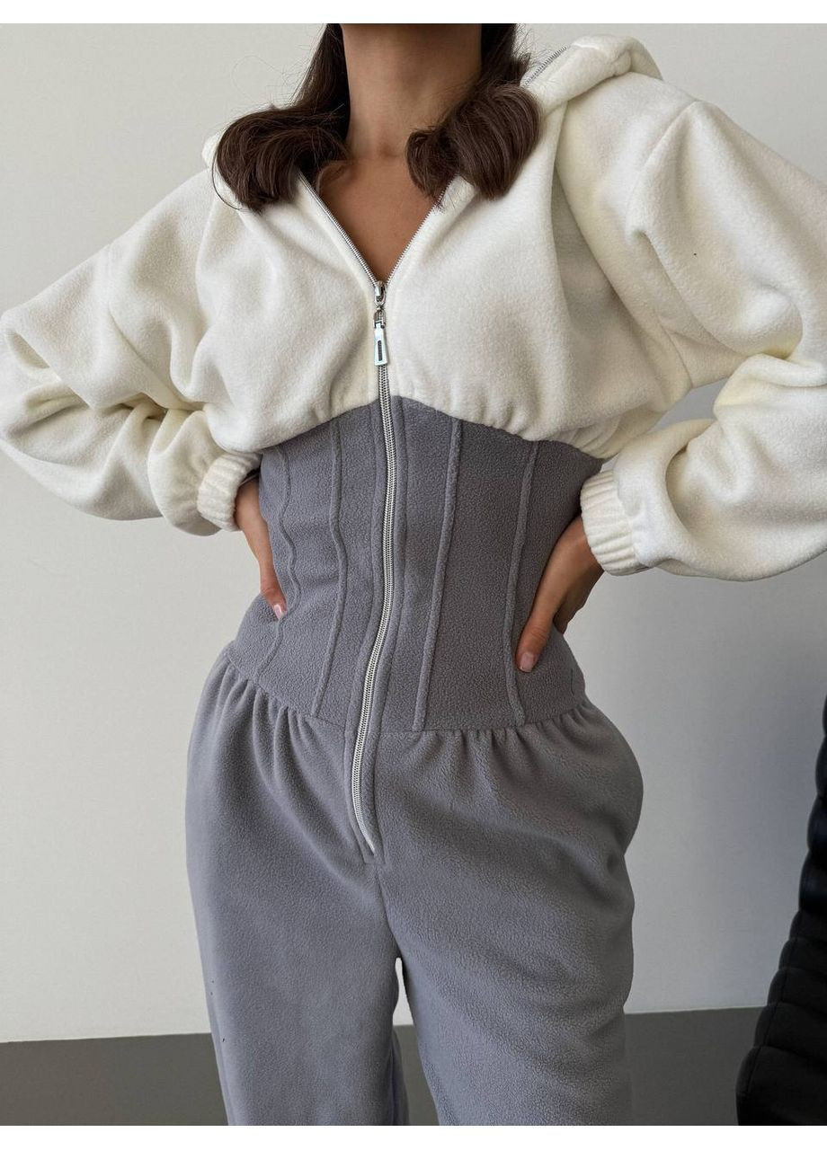 Жіночий комбінезон з капюшоном із м’якого двостороннього флісу No Brand комбінезон-брюки сірий спортивний, повсякденний фліс