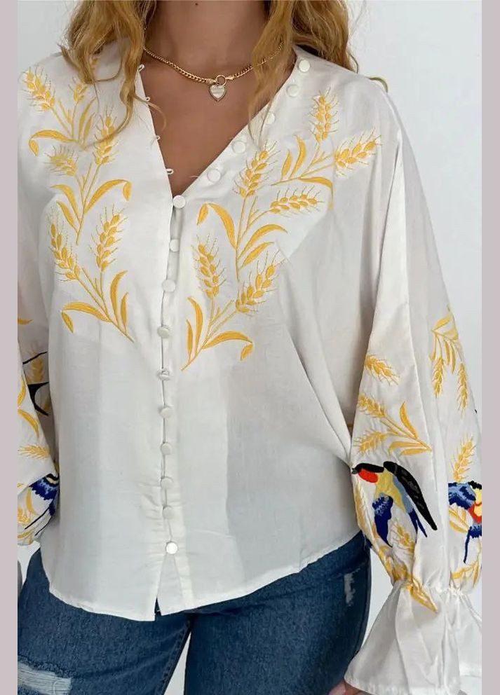 Біла блузка з вишивкою ластівки ESQ асиметрична, вільна бавовна (322070115)