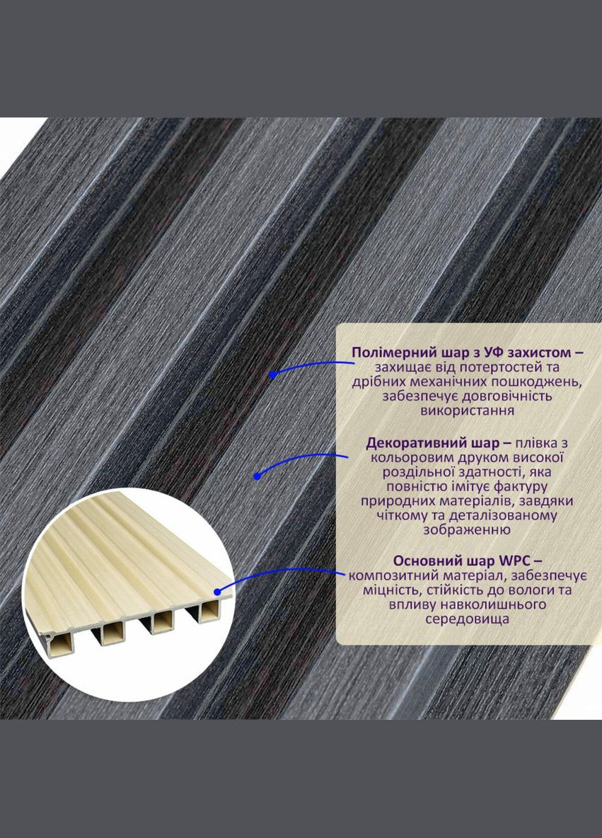 Рельс декоративный WPC стеновой графит 3000х160х23мм SW-00001529 Sticker Wall (330017181)