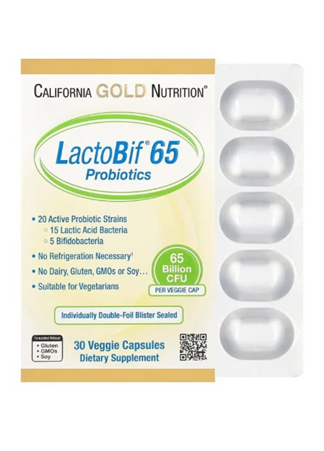 LactoBif® 65, пробиотики, 65 млрд КОЕ, 30 растительных капсул California Gold Nutrition (347600121)