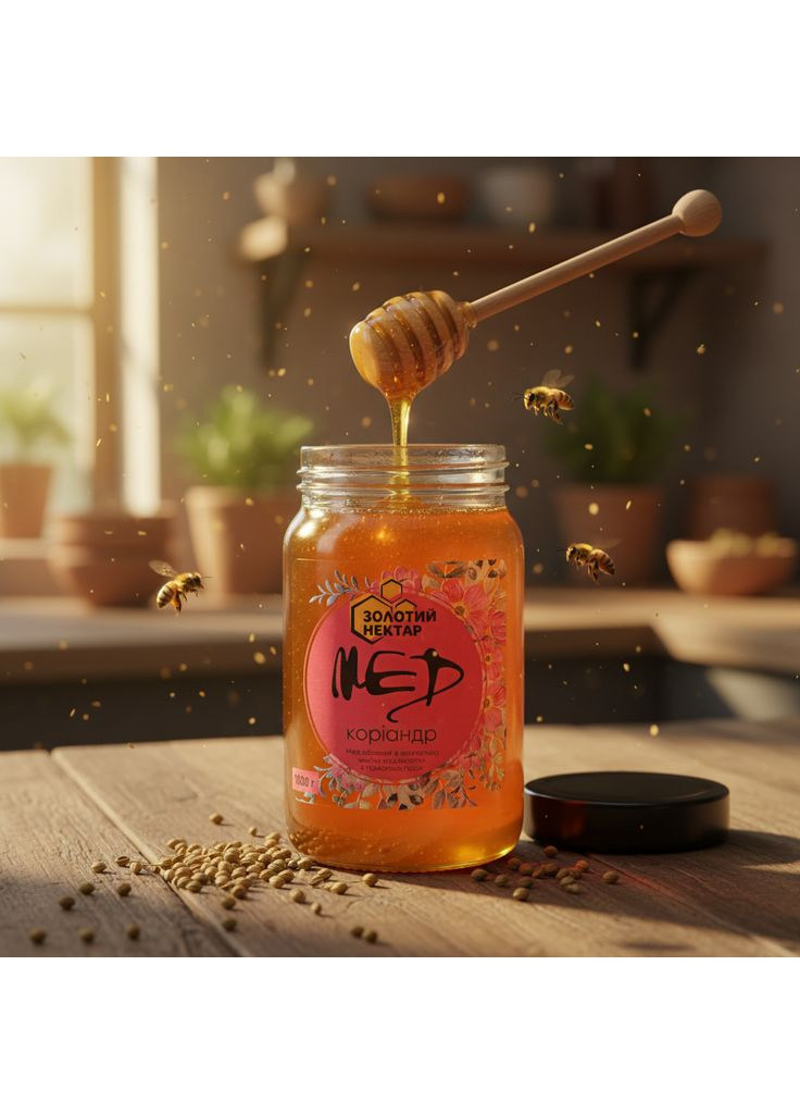 Мед кориандровий натуральний бджолиний у скляній банці 1 кг Золотий Нектар (373676214)