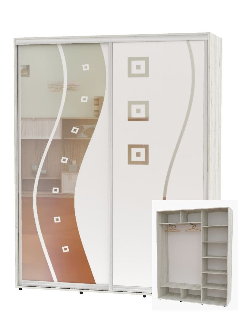 Шкаф-купе двухдверный 180*45*240 Дуб крафт белый Зеркало с пескоструйным рисунком Алекса (360478961)