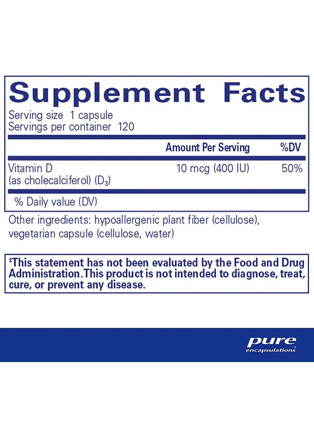 Вітамін D3, Vitamin D3,, 400 МО, 120 капсул Pure Encapsulations (364688867)