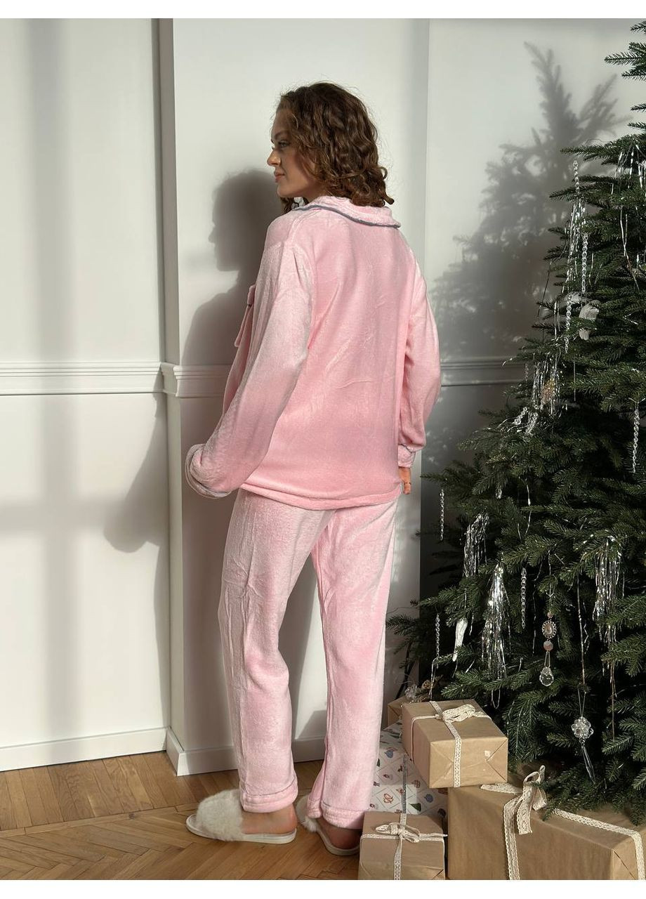Розовая всесезон теплая пижама рубашка + брюки No Brand