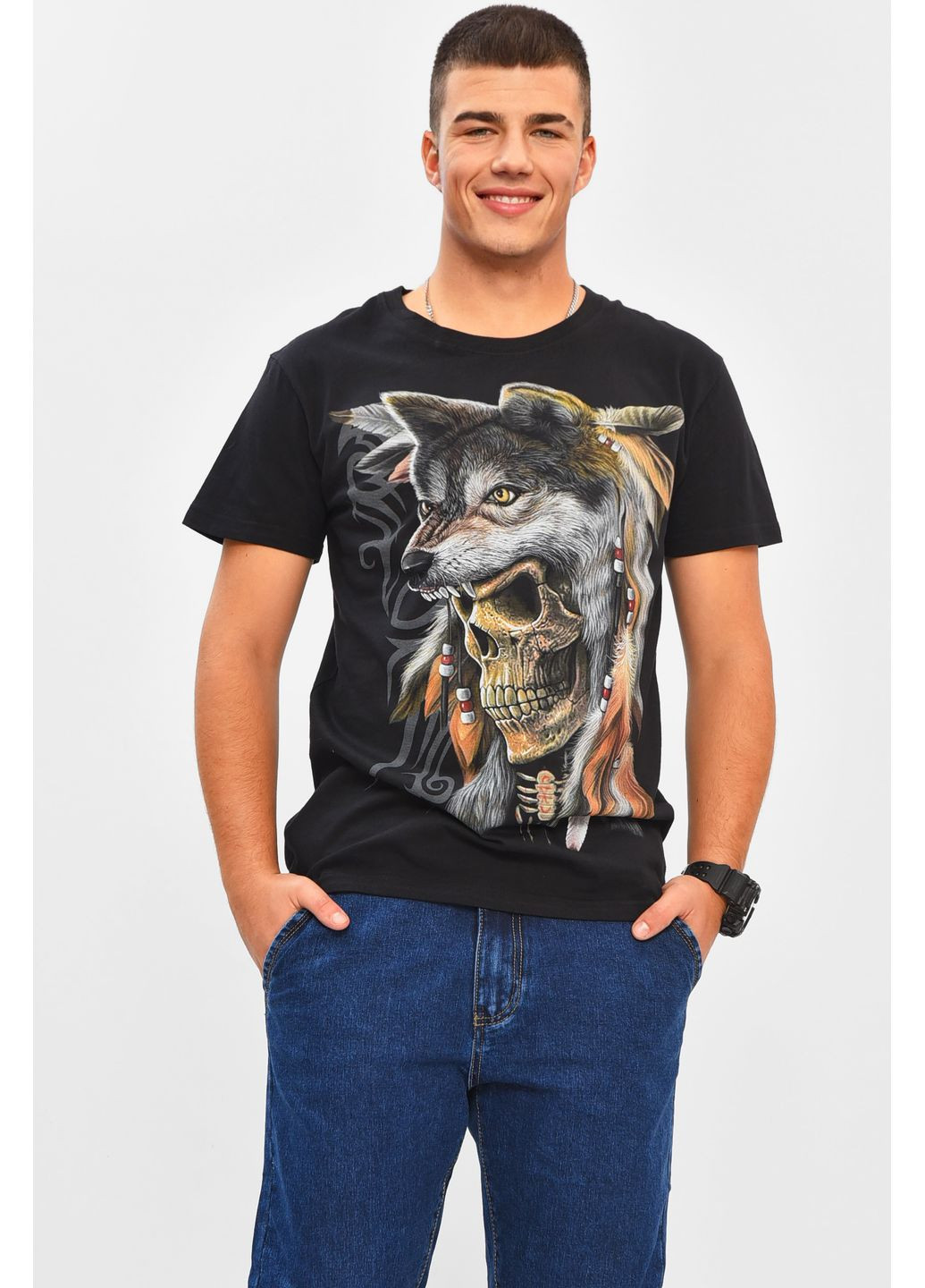 Чорна футболка чоловіча чорного кольору з принтом Let's Shop