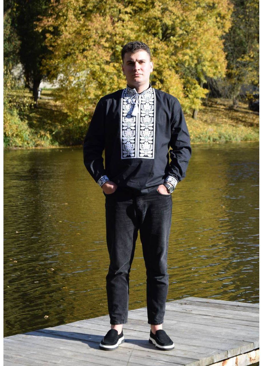 Чорна борщівська чоловіча вишиванка на чорній тканині Lelyk візерунок квітковий вільна бавовна (365783513)