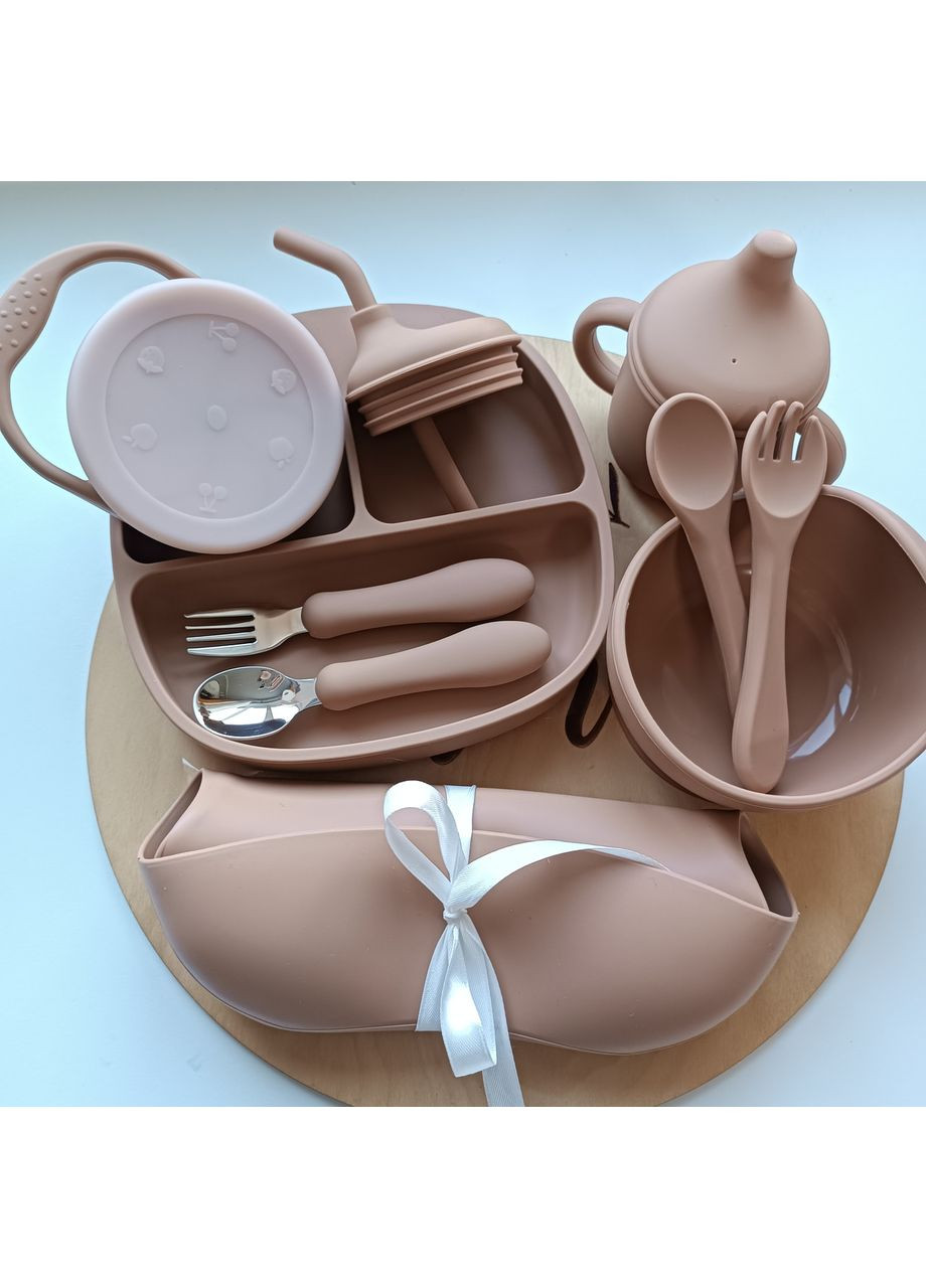 Набор посуды для малыша Шоколад 10 шт Подарочный набор посуды для малышей Силиконовая посуда для прикорма (0214) No Brand (368999974)