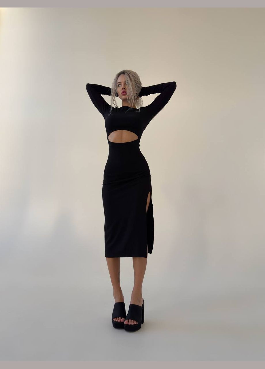 Чорна кежуал сукня довжини міді з вирізом No Brand однотонна