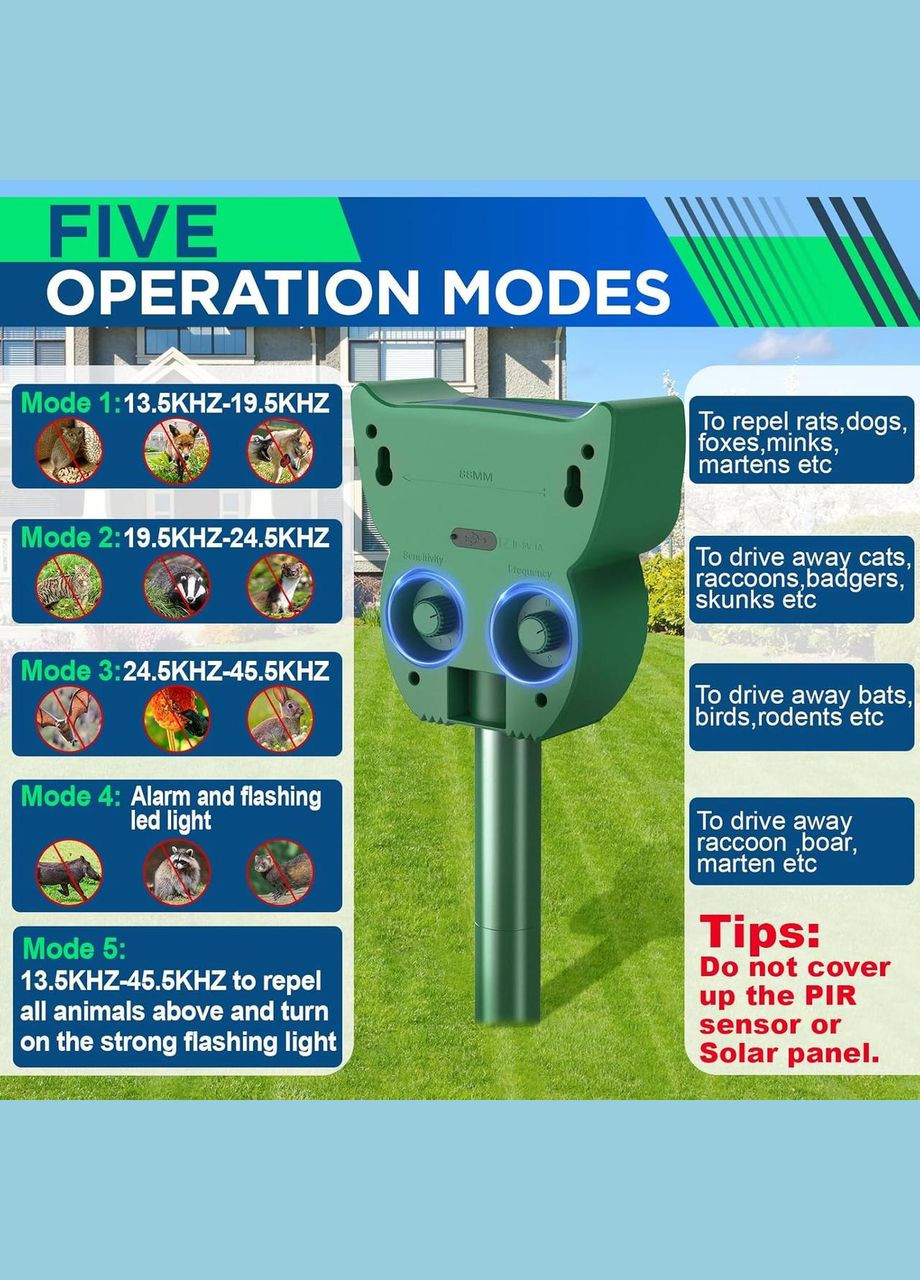 Ультразвуковой отпугиватель животных для сада 5 режимов Зеленый No Brand (317405787)