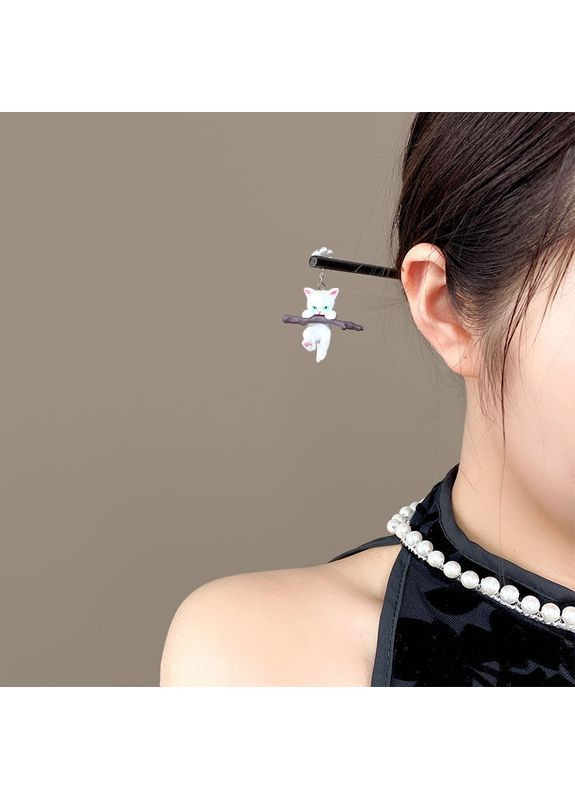 Китайська паличка дерев'яна шпилька для волосся з прикрасою у формі котик у подарунковій коробочці, чорна No Brand (352474435)