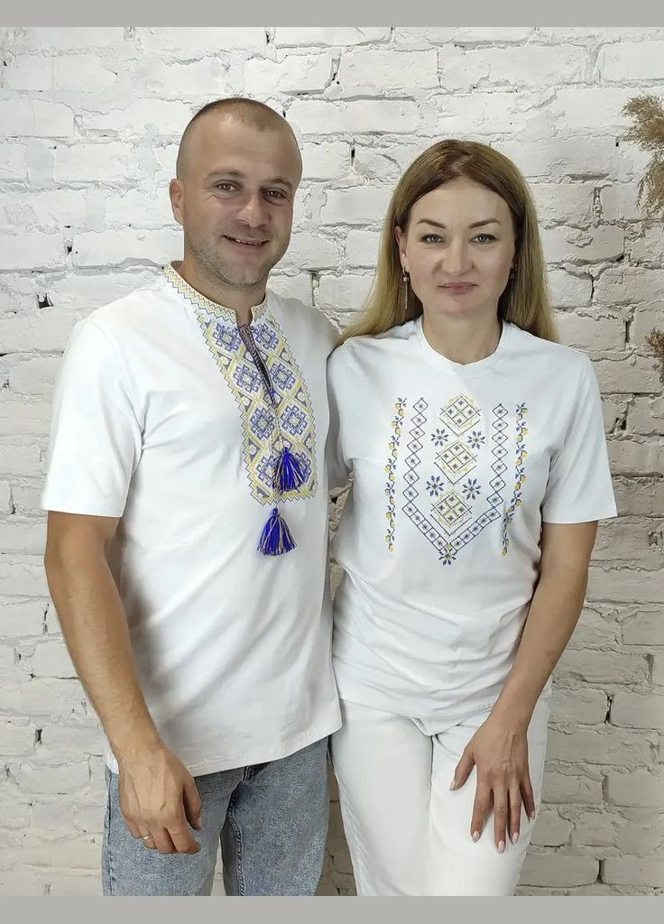 Белая женская белая вышиванка с голубовато-желтым орнаментом НоКо узор орнамент свободная, прямой хлопок, эластан (313436291)