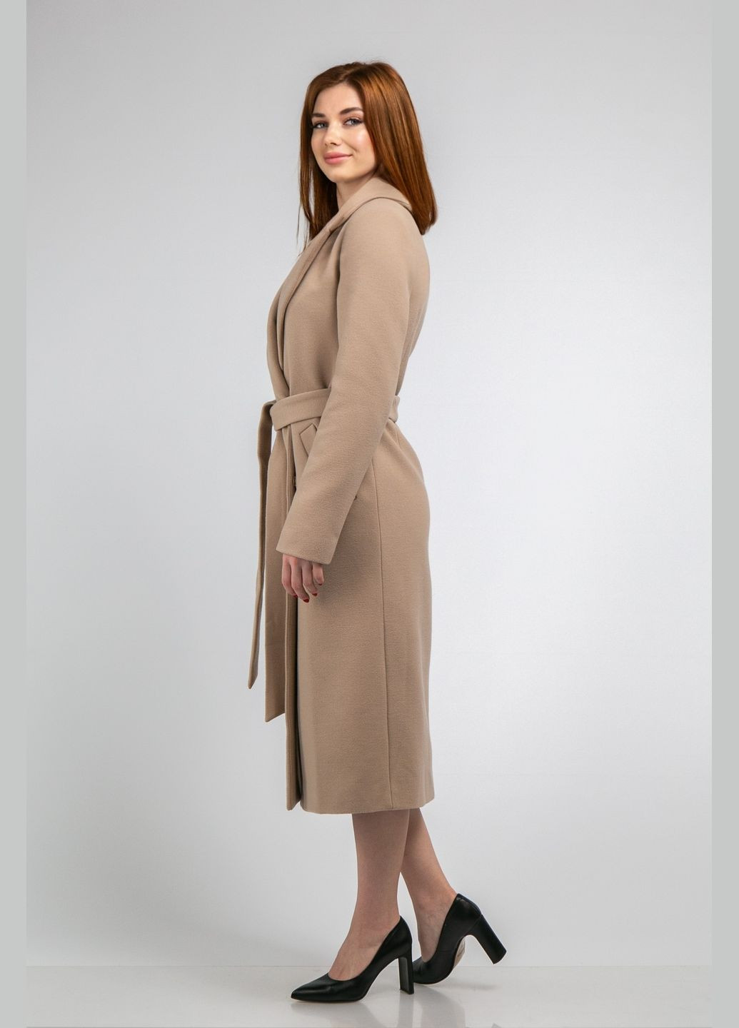 Бежевое демисезонное Светлое осеннее пальто под пояс из кашемира бежевого цвета CHICLY