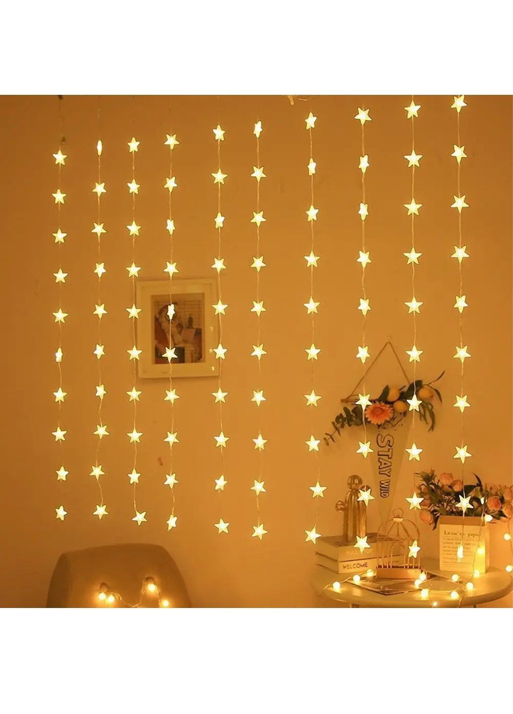 Гірлянда штора зоряний дощ світлодіодна з роботою від мережі з'єднанням гірлянд 3х0,9 м 60 лампочок (481985-Prob) Тепла біла Unbranded (369414194)