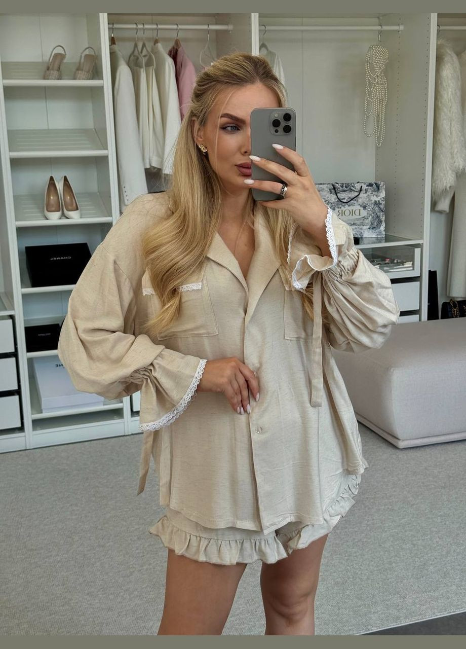 Льняний костюм двійка бежевого кольору в універсальному розмірі No Brand 910-5 (342072768)